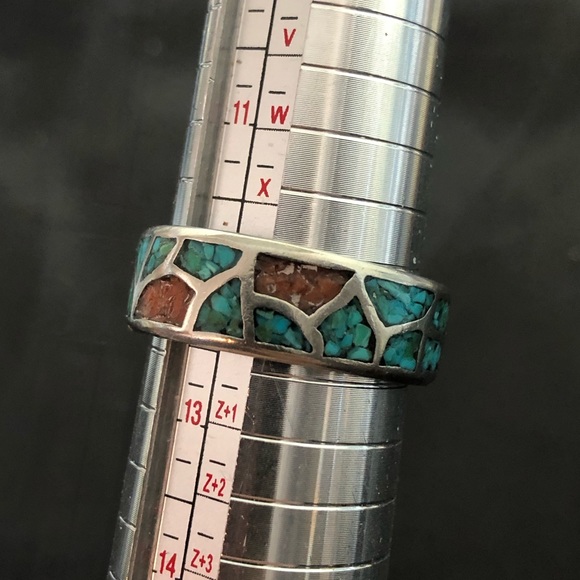 Southwest Native Sterling Silver Crushed Turquoise Coral Mosaic Ring Sz 12-1/2 - Picture 9 of 17